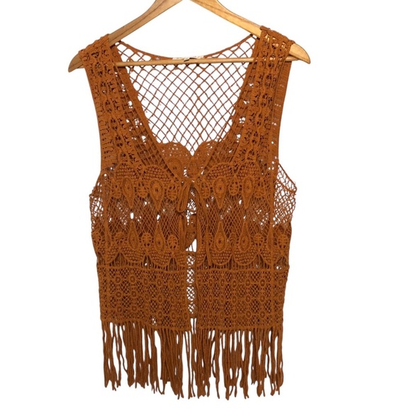 Kontrol Contemporary Boho Crochet Vest Sz S Sienna Brown Fringe Western Festival - Picture 4 of 10
